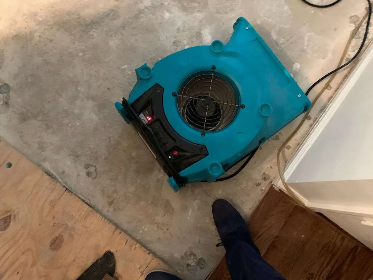 Air mover drying subfloor during Leak Detection & Repair in Madera Acres